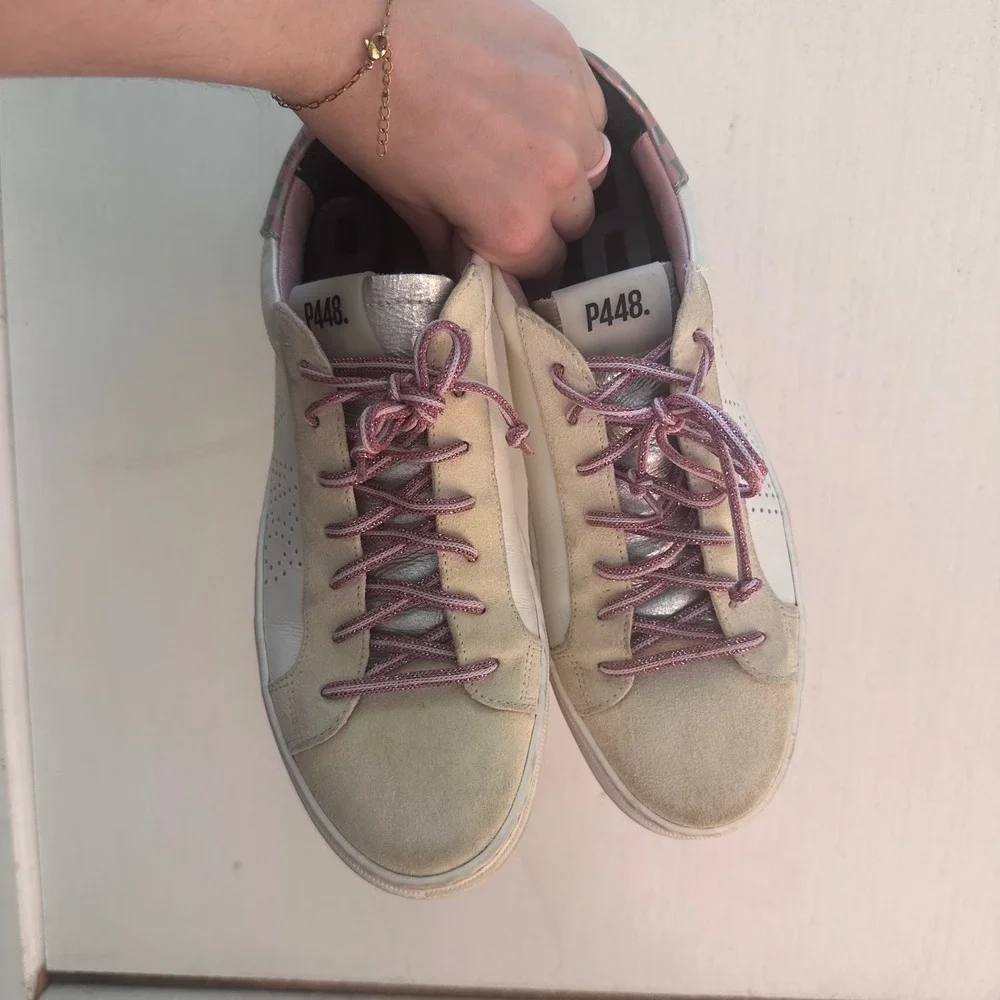 P448 John Low Top Sneakers White Beige Pink Silver Checkered Size 41